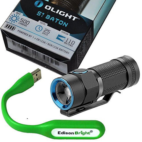 Olight 500 Lumen S1 Baton Compact EDC LED Flashlight with EdisonBright USB reading light bundle