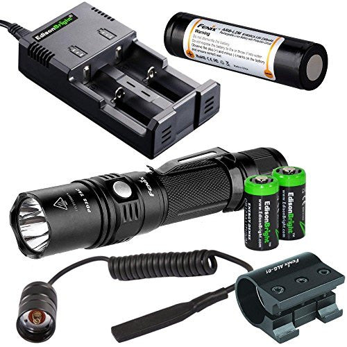 Fenix 1000 Lumen CREE LED PD35 TAC Flashlight w/ARB-L2M 18650 Li-ion rechargeable battery, smart Charger, ALG-01 weapon mount, AR102 pressure switch and 2 X EdisonBright CR123A batteries bundle