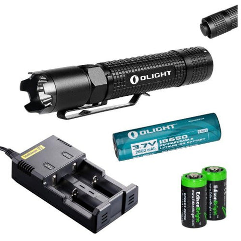 Olight M18 Striker Cree XM-L2 800 lumen LED Tactical Flashlight, Olight 18650 Li-ion rechargeable battery, Nitecore i2 smart charger with two EdisonBright CR123A Lithium Batteries