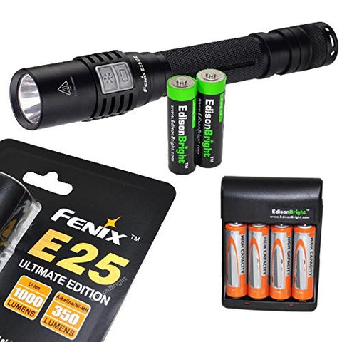 Fenix E25 Ultimate edition (E25UE) 1000 lumen CREE XP-L LED Flashlight with two NiMH rechargeable AA Batteries, Charger & Two EdisonBright AA Alkaline batteries