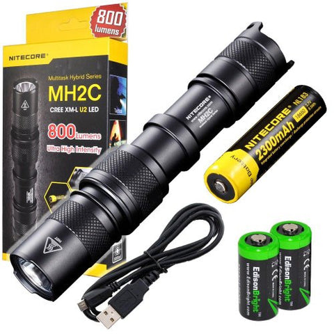 Nitecore MH2C CREE XM-L U2 LED USB Rechargeable 800 Lumen Flashlight and Nitecore 18650 Li-ion rechargeable battery with 2 X EdisonBright CR123A Lithium batteries