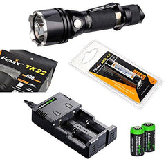 FENIX TK22 L2 CREE XM-L2(U2) 680 Lumen Tactical LED Flashlight with Fenix ARB-L2 18650 2600mAh Li-ion rechargeable battery, EdisonBright two slot smart Charger and 2 X EdisonBright CR123A Lithium batteries package