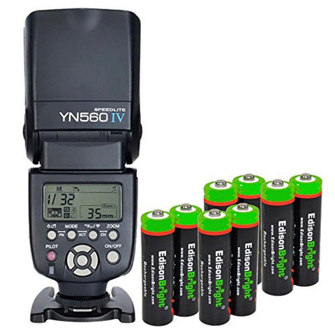YONGNUO YN560 IV YN-560IV Wireless Flash Speedlite Master / Slave Flash with Built-in Trigger System with 8 X EdisonBright Ni-MH rechargeable AA batteries bundle for Canon Nikon Pentax Olympus Fujifilm Panasonic Digital Cameras