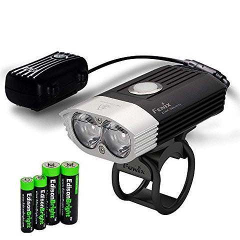 Fenix BT30R 1800 lumen rechargeable Dual Distance Beam Cree LED 5 Mode Bike Bicycle Light with battery, charger, mounting straps, and EdisonBright AA/AAA alkaline battery sampler pack.