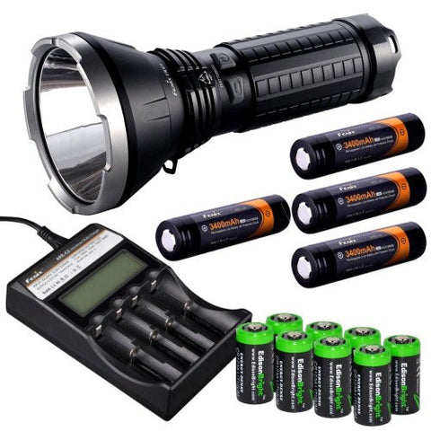 FENIX TK61-L2 U2 1000 Lumen LED Flashlight / Searchlight with Four Fenix 18650 ARB-L2S 3400mAh rechargeable batteries, Fenix ARE-C2 four bays Li-ion/ Ni-MH advanced universal smart battery charger with 8 X EdisonBright CR123A lithium batteries package