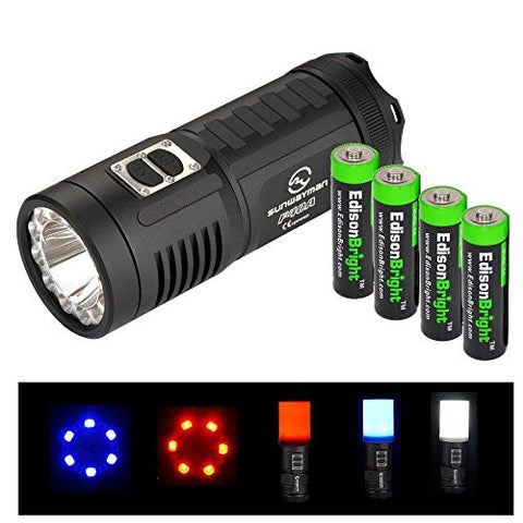 Sunwayman F40A Cree XM-L2 880 Lumen LED compact AA Flashlight/searchlight with Built in Red/Blue LEDs, Dedicated diffuser and 4 X EdisonBright AA Alkaline batteries bundle
