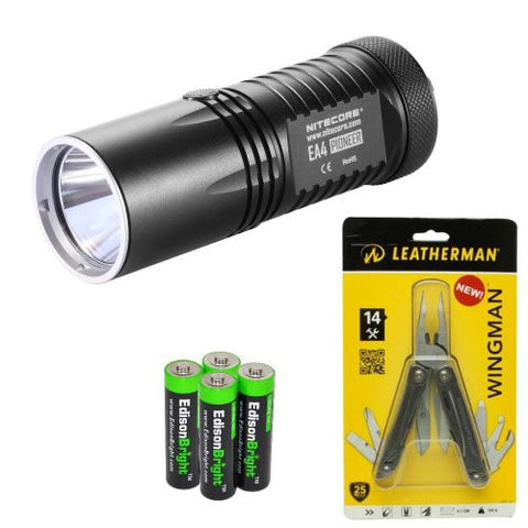 Nitecore EA4 860 Lumen CREE XM-L U2 LED compact flashlight/searchlight with genuine Leatherman Wingman Multi-tool 831426 and Four EdisonBright AA Alkaline batteries bundle