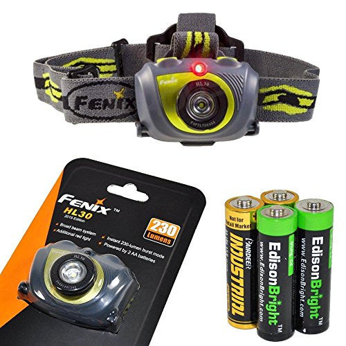 Fenix HL30 230 Lumen LED Headlamp-Green with 2 X EdisonBright AA Alkaline batteries