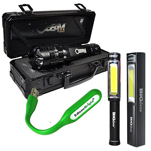 Nebo O2 Beam & Nebo Big Larry bundle LED flashlight/worklight, AA alkaline batteries with with EdisonBright USB powered reading light