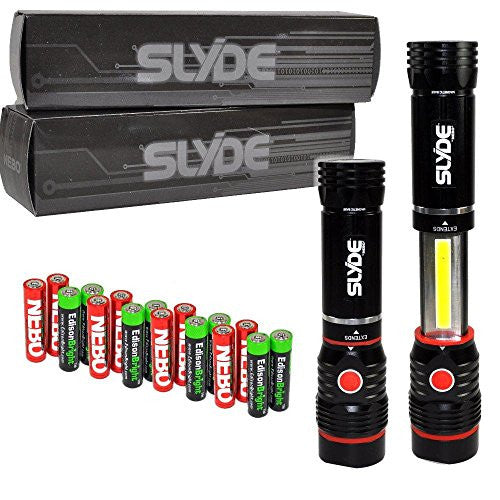 Nebo Slyde 250 Lumen LED flashlight/Worklight 6156 Two Pack and 8 X EdisonBright AAA alkaline batteries bundle