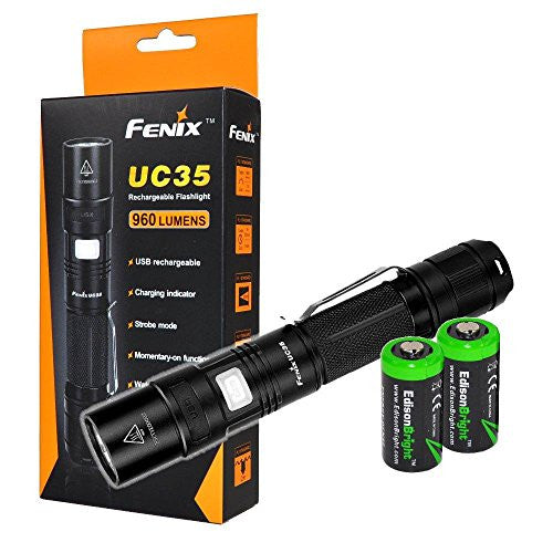 FENIX UC35 USB Rechargeable 960 Lumen Cree XM-L2 U2 multi battery type compatible LED Flashlight with 3200mAh rechargeable battery, USB charging cable and 2 X EdisonBright lithium CR123A back-up batteries bundle