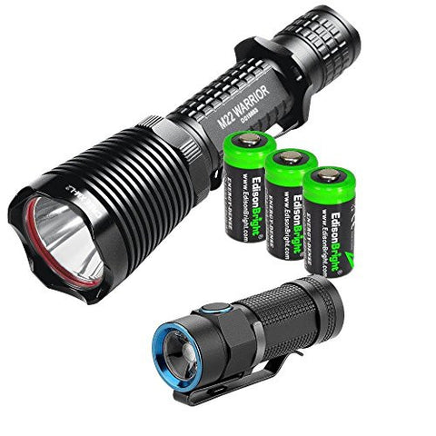 Olight 500 Lumen S1 Baton extra Compact EDC LED Flashlight and Olight M22 950 lumen LED tactical flashlight with 3X EdisonBright CR123 lithium batteries