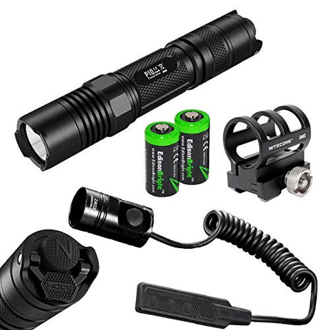 NITECORE P10 800 Lumen high intensity CREE XM-L2 LED specialized tactical duty Strobe Ready compact flashlight, RSW2 Pressure Switch and GM02 Weapon Mount with 2X EdisonBright CR123A Lithium Batteries bundle