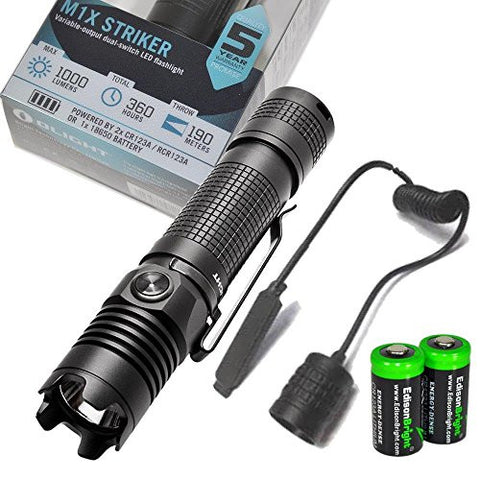 Olight M1X Striker 1000 Lumen CREE LED tactical Flashlight, RM22 Pressure switch with two EdisonBright CR123A Lithium Batteries bundle