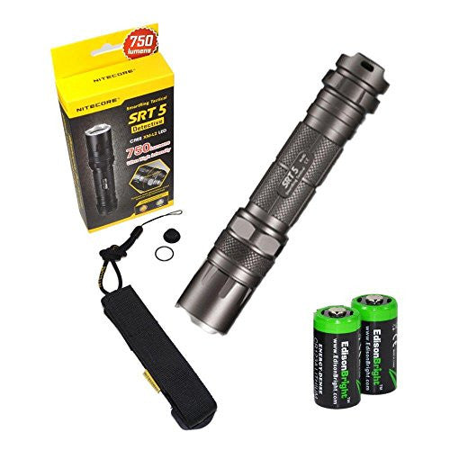 Nitecore SRT5 Detective (Grey) 750 Lumens XM-L2 T6 LED Variable brightness Flashlight/searchlight, Red/Blue secondary strobe with 2 X EdisonBright CR123A Batteries