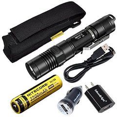 Nitecore MH12 CREE XM-L2 U2 LED 1000 Lumen USB Rechargeable Flashlight, 18650 rechargeable Li-ion battery, USB charging cable, Holster with EdisonBright AC/CAR USB power adapters