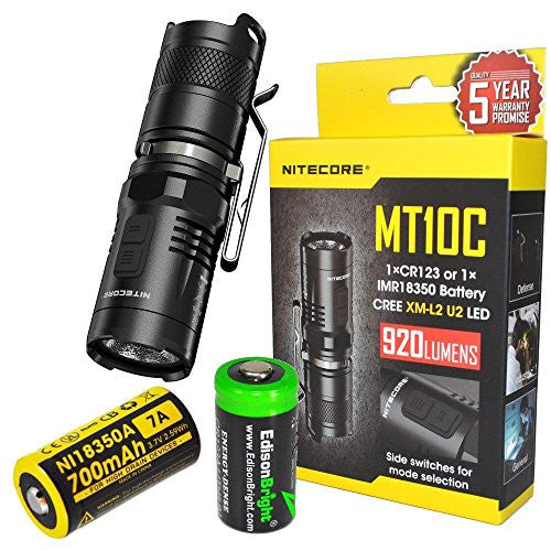 Nitecore MT10C 960 Lumen CREE XM-L2 LED Flashlight with Nitecore IMR 18350 rechargeable 18350 Battery and EdisonBright CR123A Lithium Batteries Bundle