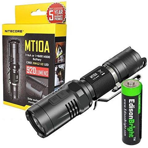 Nitecore MT10A 920 Lumens White/Red light source LED Tactical Flashlight and EdisonBright AA/14500 Alkaline/Li-ion/Ni-MH batteries