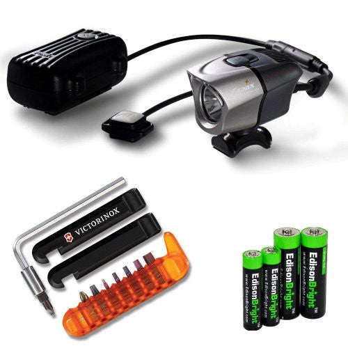 Fenix BTR20 800 lumen rechargeable Dual Distance Beam Cree LED 5 Mode Bike Bicycle Light with battery, charger, Helmet Mount, Victorinox/Swiss Army bike tool kit and EdisonBright AA/AAA alkaline battery sampler pack.