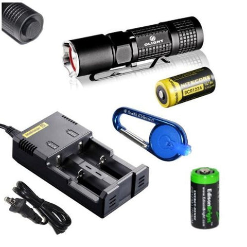 Olight M10 Maverick Cree XM-L2 350 Lumens tactical LED Flashlight with Genuine Nitecore RCR123A NL166 Li-ion rechargeable battery, Nitecore i2 intelligent Charger, Smith & Wesson LED CaraBeamer Clip Light and EdisonBright CR123A Battery