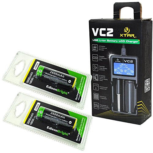 XTAR VC2 universal USB powered smart battery Charger For Li-ion / IMR 16340/18650/22650 3.6/3.7V types with EdisonBright 18650 2600mAh EBR26 Li-ion rechargeable batteries