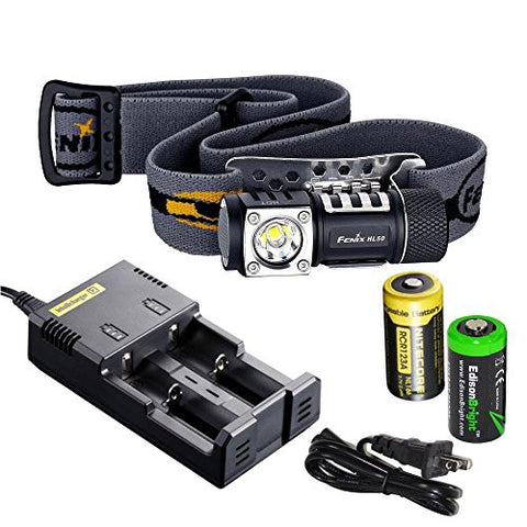 Fenix HL50 365 Lumen light weight LED Headlamp with Genuine Nitecore RCR123A NL166 Li-ion rechargeable battery, Nitecore i2 intelligent Charger and EdisonBright CR123A Battery