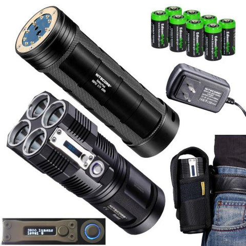 NITECORE Tiny Monster TM26 QuadRay 3800 Lumen Quad CREE XM-L2 LED Flashlight / Searchlight with Nitecore NBP52 rechargeable battery pack and 8 X EdisonBright CR123A Lithium batteries Package