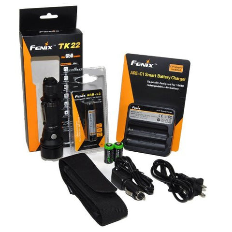 FENIX TK22 650 Lumen Tactical LED Flashlight with Fenix ARB-L2 18650 2600mAh Li-ion rechargeable battery, Fenix ARE-C1 Home/car Chargerand 2 X EdisonBright CR123A Lithium batteries package