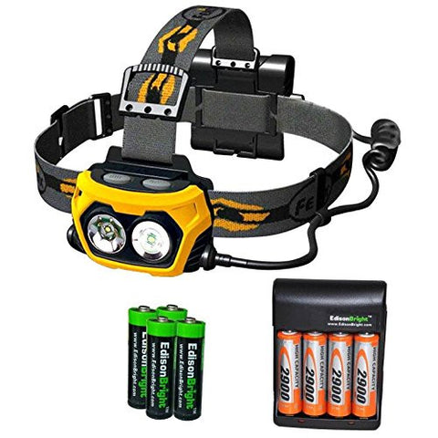 Fenix HP25 360 Lumen LED flood/spot combination light Headlamp with Four 2900mAh rechargeable Ni-MH AA batteries, Charger and Four EdisonBright AA Alkaline batteries