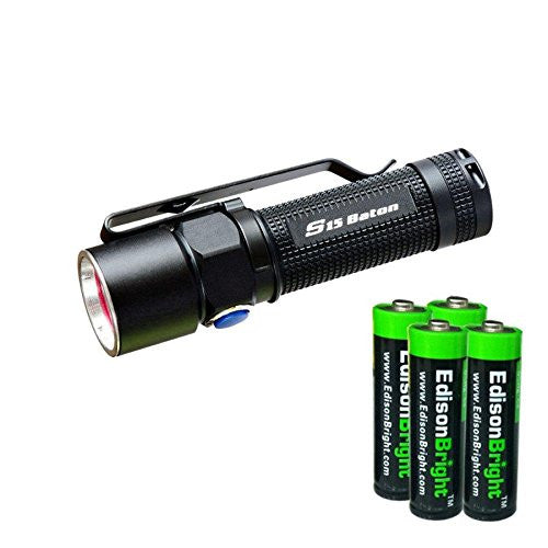 Olight S15 Baton XM-L 280 Lumens LED single AA Flashlight EDC with 4 X EdisonBright AA alkaline Batteries