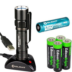 Olight S15R Baton rechargeable XM-L 280 Lumens LED Flashlight EDC with type 14500 Li-ion battery, charging base and four EdisonBright AA alkaline back-up Batteries