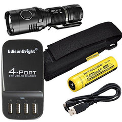 Nitecore MH20 CREE LED 1000 Lumen USB Rechargeable Flashlight, NL189 18650 3400mAh rechargeable Li-ion battery, USB charging cable, Holster and EdisonBright EB-4U 4-port USB charging station bundle