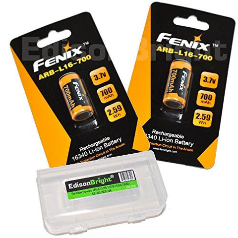 2 Pack Fenix ARB-L16 rechargeable li-ion 700mAh 16340 batteries with EdisonBright Battery carry case