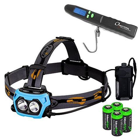 Fenix HP40F 450 Lumen white/blue LED combination speciality fishing Headlamp with Nebo 5470 quarrow digital fishing scale and Four EdisonBright CR123A Lithium batteries fisherman's gift bundle