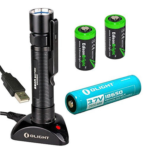 Olight S20R Baton rechargeable XM-L2 550 Lumens LED Flashlight with type 18650 Li-ion battery, charging base with two EdisonBright CR123A Lithium back-up batteries