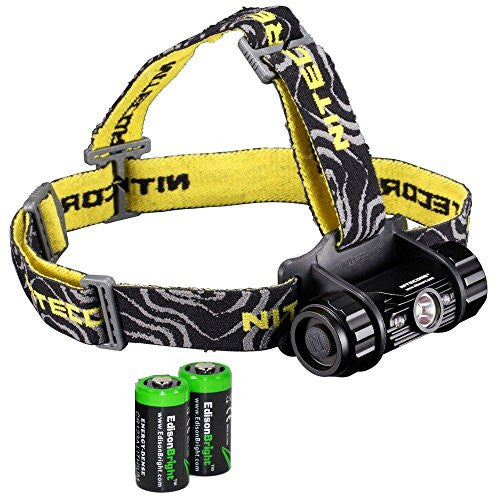 Nitecore HC50 565 Lumens CREE XM-L2 LED headlamp bundled with Two EdisonBright CR123A Batteries.