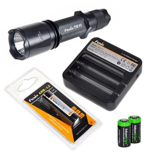 Fenix TK11 285 Lumen CREE XP-G LED Tactical Flashlight with Fenix ARB-L2 18650 rechargeable battery, Fenix ARE-C1 Battery charger, and Two EdisonBright CR123A Lithium Batteries bundle