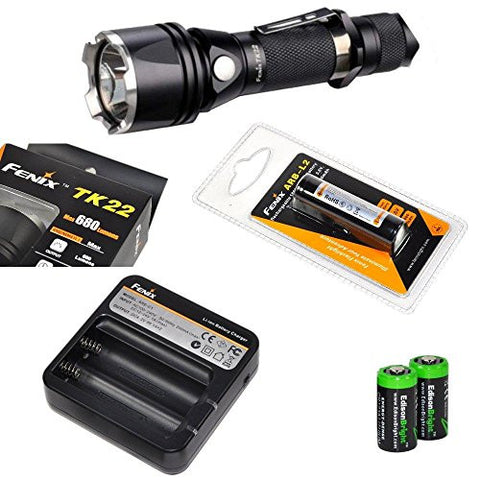 FENIX TK22 L2 CREE XM-L2(U2) 680 Lumen Tactical LED Flashlight with Fenix ARB-L2 18650 2600mAh Li-ion rechargeable battery, Fenix ARE-C1 Home/car Charger, Smith & Wesson Carabeamer LED clip light and 2 X EdisonBright CR123A Lithium batteries package