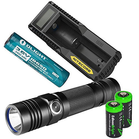 Olight S30 Baton 1000 Lumens CREE LED Flashlight with type 18650 3400mAh Li-ion battery, Nitecore UM10 smart charger with two EdisonBright CR123A Lithium back-up batteries