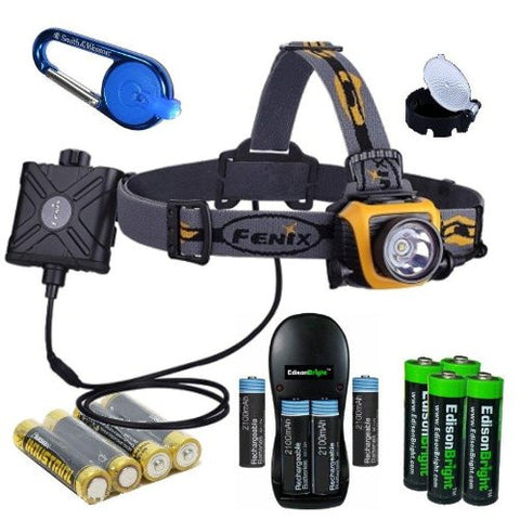 Fenix HP15 500 Lumen long throw LED Headlamp with diffuser, Four rechargeable Ni-MH AA batteries, Charger, Smith & Wesson LED CaraBeamer Clip Light and Four EdisonBright AA Alkaline batteries