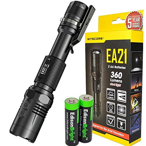 Nitecore EA21 360 Lumen CREE XP-G2 LED compact AA flashlight with holster, clip, lanyard and 2 X EdisonBright AA Alkaline batteries