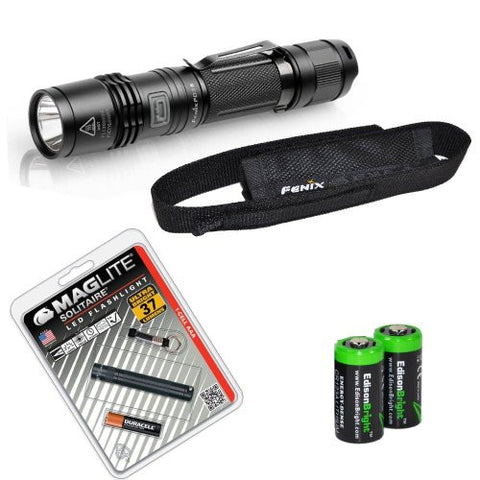 Fenix PD35 850 Lumen CREE XM-L2 U2 LED Tactical Flashlight and Maglite Solitaire AAA LED keychain flashlight with Two EdisonBright CR123A Lithium Batteries.