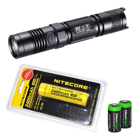 NITECORE P12 2015 version 1000 Lumen high intensity CREE XM-L2 LED long throw tactical flashlight with Nitecore NL189 3400mAh rechargeable 18650 Battery and 2 X EdisonBright CR123A Lithium Batteries Bundle