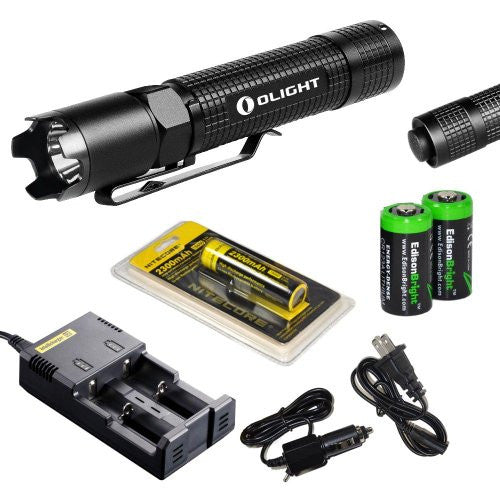 Olight M18 Striker Cree XM-L2 800 Lumens tactical LED Flashlight with Genuine Nitecore 18650 Li-ion rechargeable battery, Nitecore i2 intelligent Charger, Car Charging Cable and 2 X EdisonBright CR123A Batteries