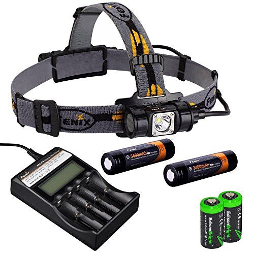 Fenix HP12 900 Lumen CREE XM-L2 LED Headlamp with Fenix ARE-C2 battery charger, 2 X Fenix 18650 3400mAh ARB-L2S rechargeable batteries and two EdisonBright CR123A Lithium batteries bundle