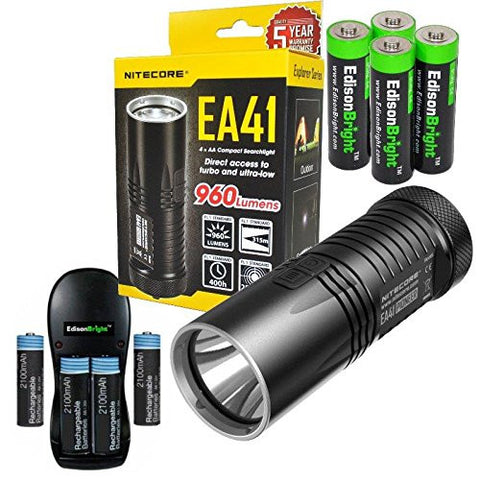 Nitecore EA41 960 Lumen CREE XM-L U2 LED dual switch compact flashlight/searchlight with Four rechargeable AA batteries, Charger & Four EdisonBright AA Alkaline batteries