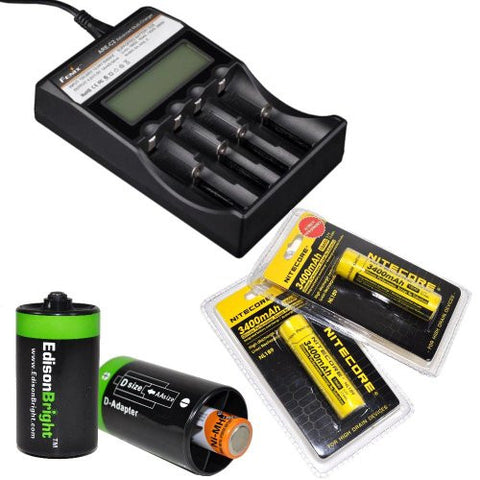 Fenix ARE-C2 four bays Li-ion/ Ni-MH advanced universal smart battery charger, Two Nitecore NL189 3400mAh 18650 batteries with Two Edisonbright AA->D battery spacer shells