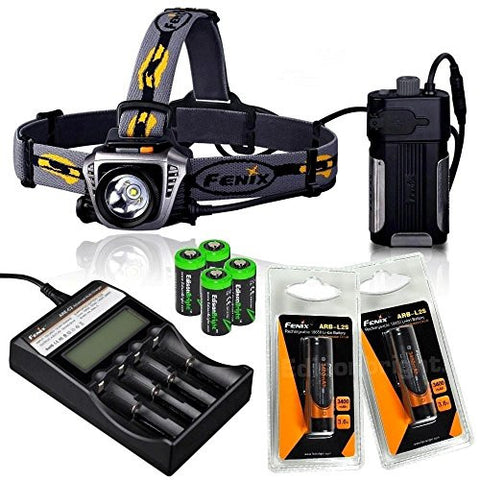 Fenix HP30 900 Lumen CREE XM-L2 LED Headlamp (Iron Grey) with Fenix ARE-C2 four bays advanced digital battery charger, 2 X Fenix 18650 ARB-L2S 3400 mAh rechargeable batteries and Four EdisonBright CR123A Lithium batteries