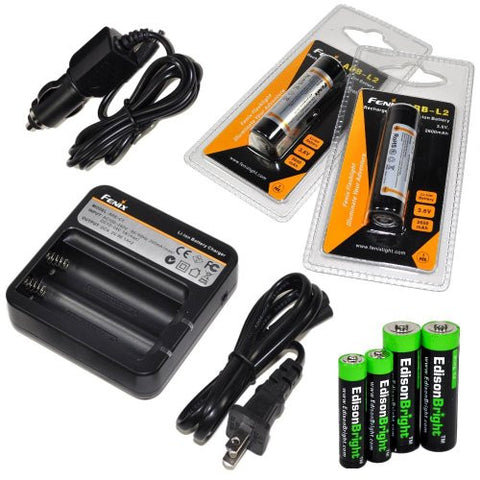 Fenix ARE-C1 two bays Li-ion 18650 home/in-car battery charger, Two Fenix 18650 ARB-L2 2600mAh rechargeable batteries (For PD35 PD32 TK22 TK75 TK11 TK15 TK35) with EdisonBright Batteries sampler pack