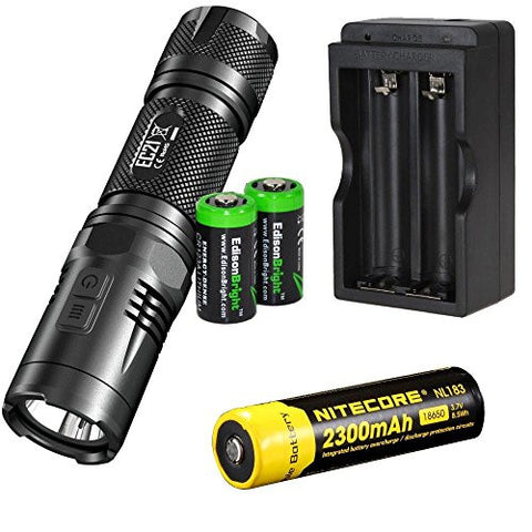 NITECORE EC21 460 Lumens CREE LED compact flashlight with secondary Red LED with Nitecore NL183 rechargeable 18650 Battery, charger and 2 X EdisonBright CR123A Lithium Batteries Bundle